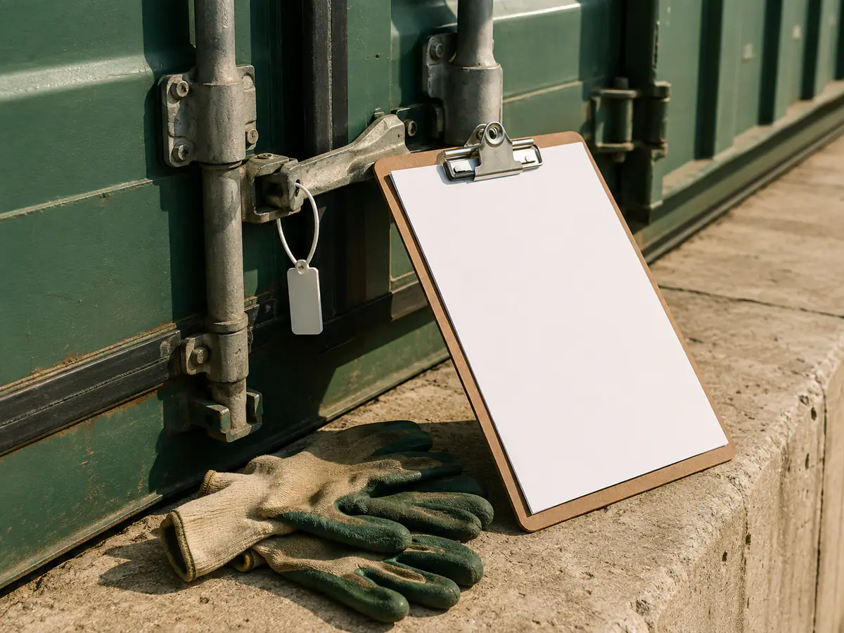 Clipboard kosong dan tag seal tanpa nombor di pintu kontena