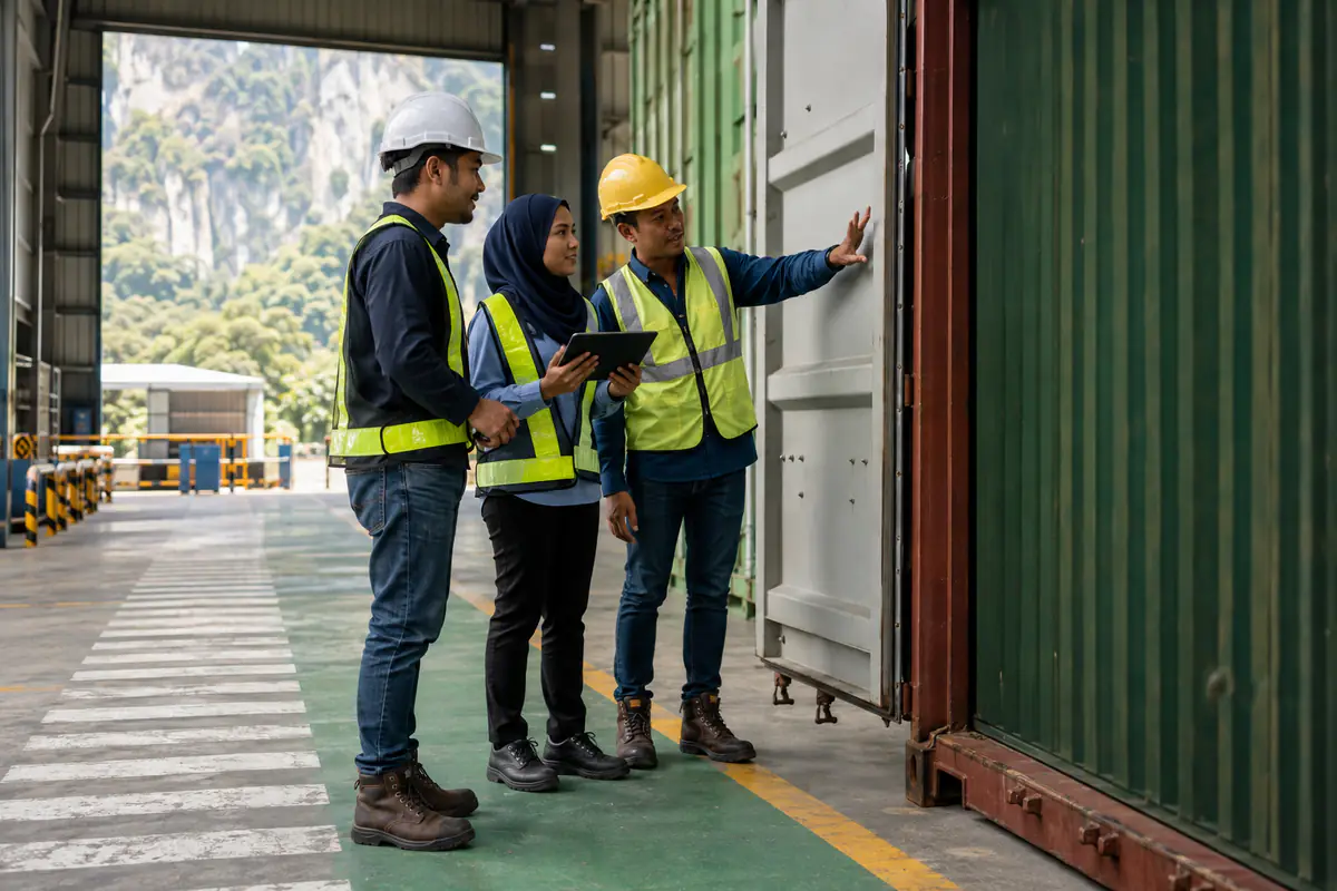 Pasukan penerimaan melihat keadaan pintu kontena terbuka